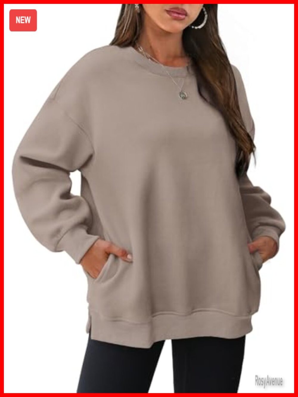 Oversized Crewneck Fleece Pullover Sweatshirt with Side Slits and Hidden Pockets